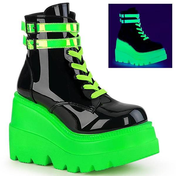 Demonia Women's Shaker-52 Platform Boots - Black Patent/UV Neon Green D2158-09US Clearance